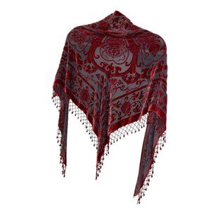 Devore Velvet burnout Crimson Red gray rich beaded fringe shawl scarf wrap